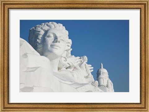 Framed French themed Snow Sculpture by frozen Sun Island Lake, Harbin, China Print