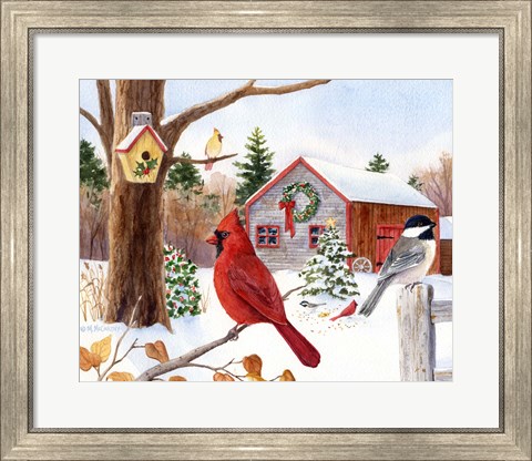 Framed Cardinal, Chickadee &amp; Christmas Barn Print