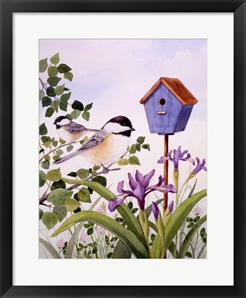 Framed Chickadees And Iris Print