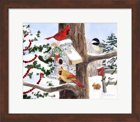 Framed Winter Birdhouse And Cardinals Print