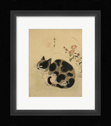Framed Autumn Cat in a Garden with Chrysanthemum Print