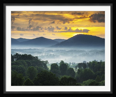 Framed Asheville NC Blue Ridge Mountains Sunset and Fog Landscape Print