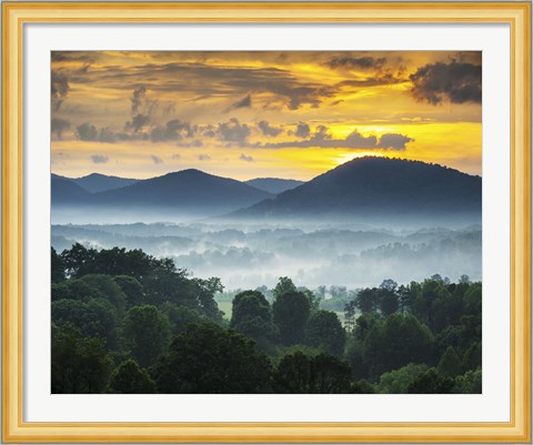Framed Asheville NC Blue Ridge Mountains Sunset and Fog Landscape Print