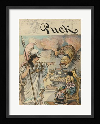 Framed Civilization holding a spear, standing before a benign Chinese emperor Print