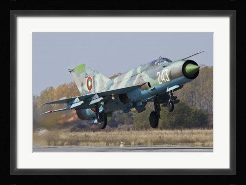 Framed Bulgarian Air Force MiG-21bis jet fighter taking off Print
