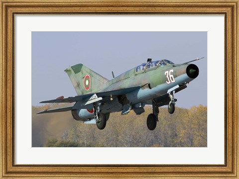 Framed Bulgarian Air Force MiG-21UM jet fighter taking off Print