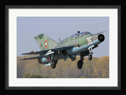 Framed Bulgarian Air Force MiG-21UM jet fighter taking off Print