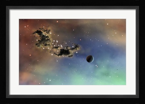 Framed lonely planet is lit by two stars as it passes by a dark cloud of dust Print