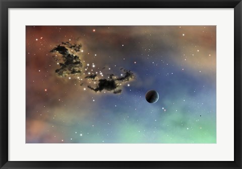 Framed lonely planet is lit by two stars as it passes by a dark cloud of dust Print