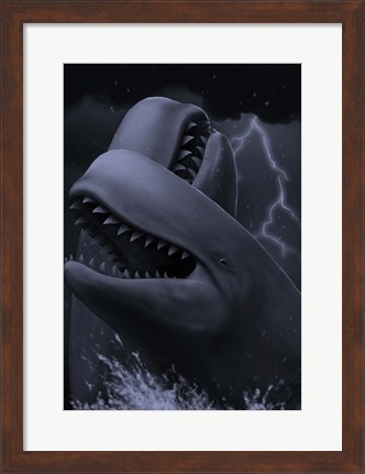 Framed Two male livyatan whales fighting for the right to mate Print