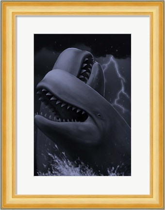 Framed Two male livyatan whales fighting for the right to mate Print