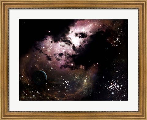 Framed cluster of bright young stars tear away clouds of gas and dust Print