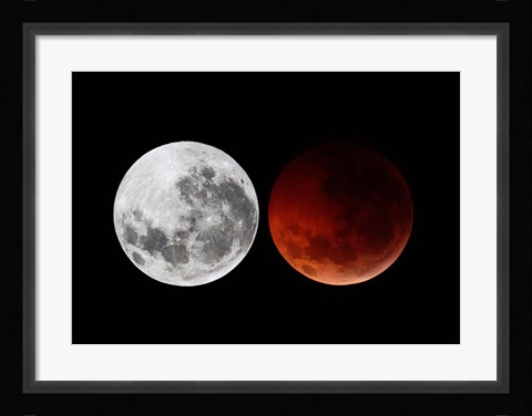 Framed composite showing the moon before the eclipse and during totality phase Print
