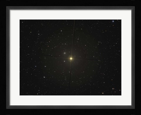 Framed red giant star Beta Andromedae and its ghost galaxy NGC 404 Print