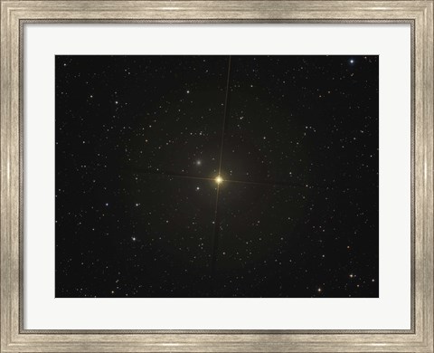 Framed red giant star Beta Andromedae and its ghost galaxy NGC 404 Print