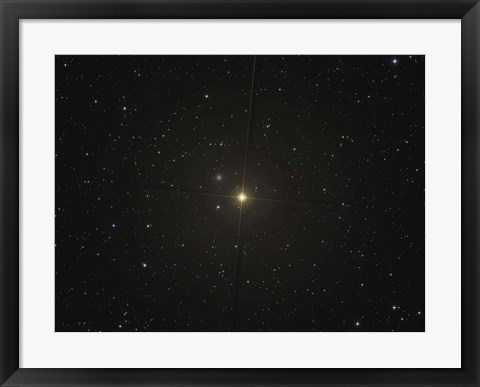Framed red giant star Beta Andromedae and its ghost galaxy NGC 404 Print