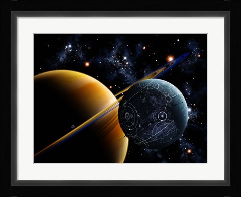 Framed Two artificial moons travelling around a gas giant devouring the natural moons Print