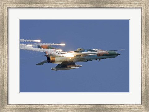 Framed Romanian Air Force MiG-21 MF LanceR popping flares Print
