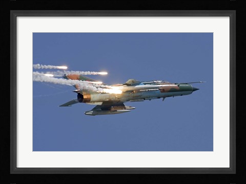 Framed Romanian Air Force MiG-21 MF LanceR popping flares Print