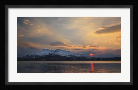 Framed Midnight Sun over Tjeldsundet strait in Troms County, Norway Print