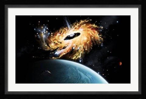 Framed space shuttle tries to avoid the gravity well of a supermassive black hole Print