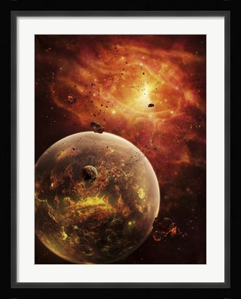 Framed eye-shaped nebula and ring of glowing debris around a planetary system Print