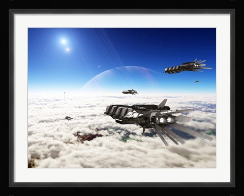 Framed Five medium freighters deccelerate near their destination Print