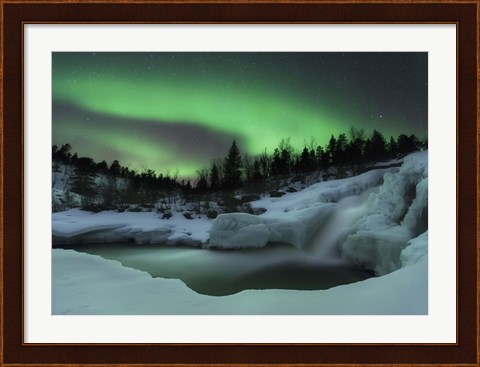 Framed wintery waterfall and aurora borealis over Tennevik River, Norway Print
