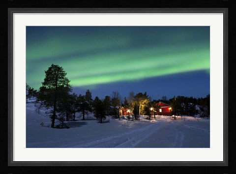 Framed Aurora Borealis over farm houses, Tennevik Lake, Troms, Norway Print