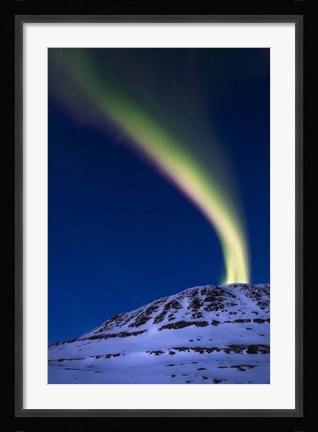 Framed aurora borealis shooting up from Toviktinden Mountain, Norway Print