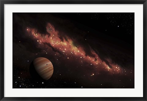 Framed Artist's concept of an H II region of space, wrapped in a dark nebula Print