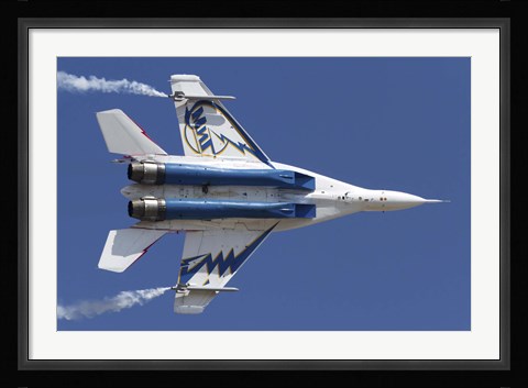 Framed Bottom view of a Russian MiG-29OVT aerobatic aircraft Print