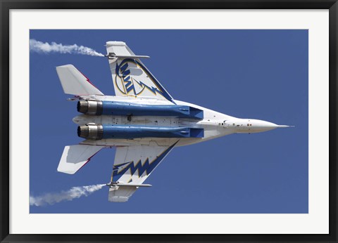 Framed Bottom view of a Russian MiG-29OVT aerobatic aircraft Print