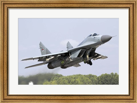 Framed Serbian Air Force MiG-29 departing with two AA-8 Aphid missiles Print
