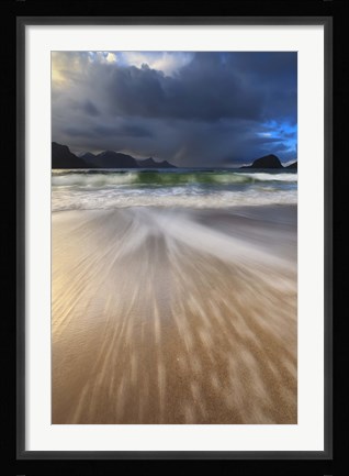 Framed Waves washing back to sea on Haukland Beach, Lofoten, Norway Print
