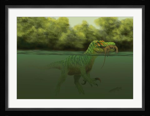 Framed Baryonyx escapes swimming from a brawl with a Hypsilophodon in his mouth Print