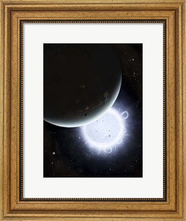 Framed tiny moon Rakka Ume travels into the shadow of the planet Tenjin Print