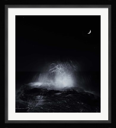 Framed crescent moon and waves splashing over rocks in Miramar, Argentina Print
