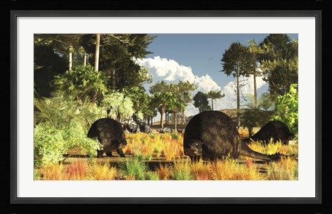 Framed Prehistoric glyptodonts graze on grassy plains Print
