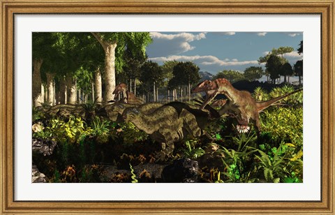 Framed Utahraptors hunting the early iguanodonts, Tenontosaurus Print