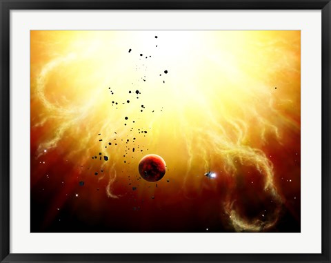 Framed Artist's concept of a manned expedition to the inner planets of a raging star Print