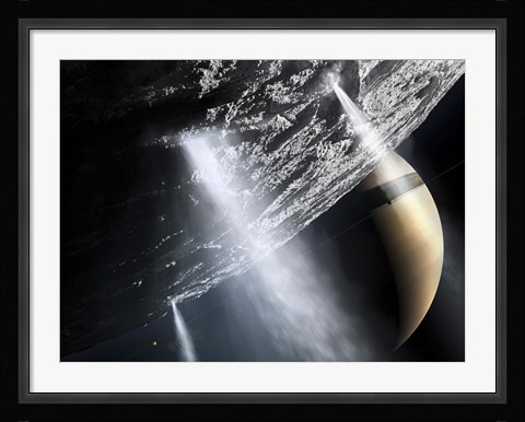 Framed Geysers of Enceladus showing cryovolcanism near the South Pole of Enceladus Print