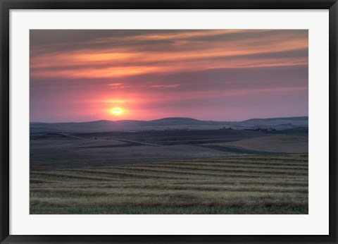 Framed Setting sun over harvested field, Gleichen, Alberta, Canada Print