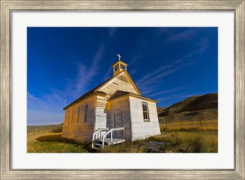 Framed old pioneer church in Dorothy, Alberta, Canada, on a starry night Print