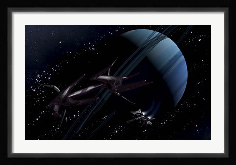 Framed chartered private corvette being intercepted by a strange alien craft Print