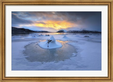 Framed frozen fjord that is part of Tjeldsundet in Troms County, Norway Print