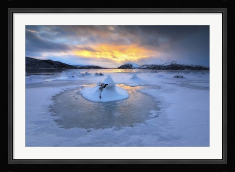 Framed frozen fjord that is part of Tjeldsundet in Troms County, Norway Print