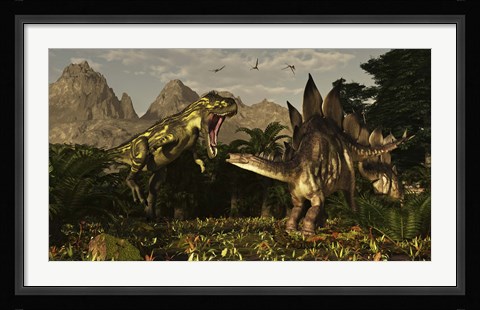 Framed large carnivorous Torvosaurus preying on a Stegosaurus Print