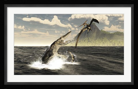 Framed Tylosaurus jumps out of the water, attacking a Pteranodon Print