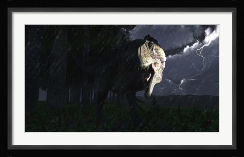 Framed Acrocanthosaurus dinosaur on a stormy night Print